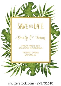 Vintage wedding invitation with tropic flowers. Save the date design. Hand drawn vector illustration