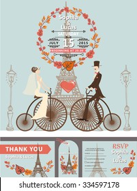 Vintage wedding invitation.Cartoon flat bride,groom on retro bike on Paris street with Eiffel tower background.Autumn leaves wreath composition.Fall design template,tag,RSVP.Vector illustration.