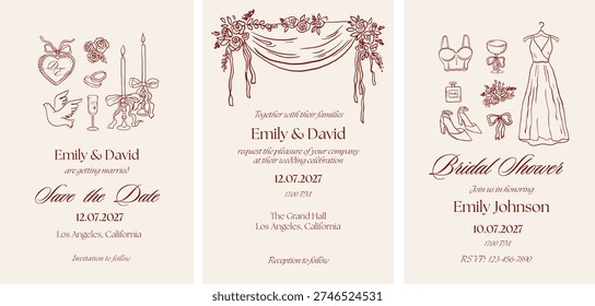 Vintage wedding Invitations, Save the date, bridal shower, wedding stationary set. Hand drawn whimsical wedding illustrations. Elegant romantic vector retro design