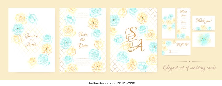 Vintage Wedding Invite, Delicate Roses in Pastel Colors Design. Romantic Floral Border, Greeting Invite Cards Vector Template. Botanical Decorative Elements, Spring Flowers Background, Wedding Frame.