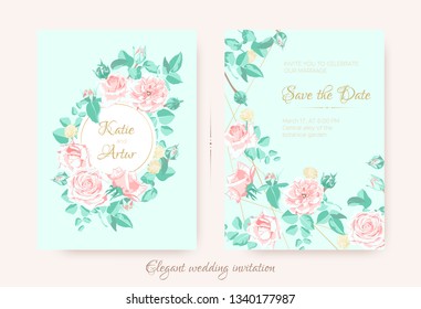 Vintage Wedding Invite, Roses in Pastel Colors. Flowers Bouquet Drawing in Watercolor Style. Wedding Card Design, Announcement of Engagement. Floral Decorative Border or Frame, Rustic Wedding.