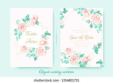 Vintage Wedding Invite, Roses in Pastel Colors. Flowers Bouquet Drawing in Watercolor Style. Wedding Card Design, Announcement of Engagement. Floral Decorative Border or Frame, Rustic Wedding.