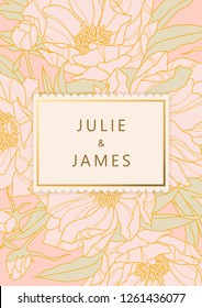 Vintage Wedding Invite template with floral background of flowers peons, with gold decorated banner. Vector invitation