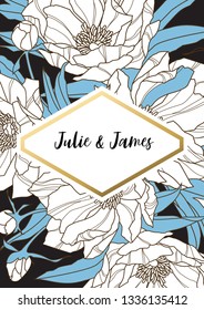 Vintage Wedding Invite template with floral background of flowers peons, with gold decorated banner. Vector invitation