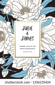 Vintage Wedding Invite template with floral background of flowers peons, with gold decorated banner. Vector invitation