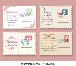 Vintage wedding postcard vector templates. Old vector marriage invitation postale cards for scrapbook or save date letters