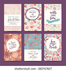 Vintage wedding romantic collection with 6 awesome cards made of hearts, flowers, wreaths and birds. Graphic set in retro style. Sweet save the date invitation cards in vector.