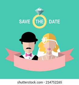 Vintage wedding romantic invitation card with ribbon, ring, bride and groom in flat style. Save the Date invitation in vector