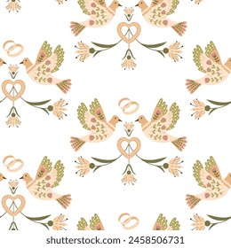 Vintage wedding seamless pattern with abstract birds and rings in folk floral style. Flat vector fantasy symmetrical illustration in boho style and muted colors. Animalistic print design for textile
