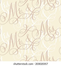 Vintage wedding seamless pattern with hand-written traditional words "Mr. and Mrs."