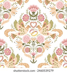 Vintage wedding seamless pattern with symmetrical square composition in folk floral style. Flat vector fantasy birds, flowers and rings in boho style and muted colors. Trendy print design for textile