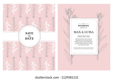 Vintage wedding set with botanical. Wedding invitation, save the date, reception card. Wedding concept. Floral poster, invite.