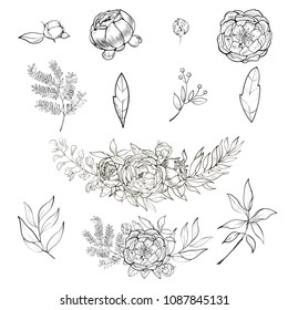 Vintage wedding set of flowers and leaves