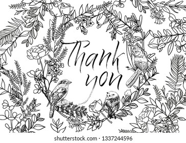 Vintage wedding set with greenery. Wedding invitation, save the date, reception card. Vector illustration. Wreath with leaves and twigs. Engraving style. Black and white. 