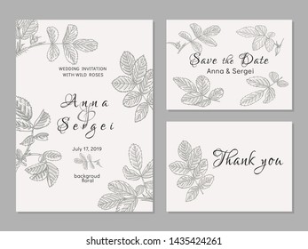 Vintage wedding set with greenery. Wedding invitation, save the date, thank you. Vector illustration.Wild roses. composition with leaves and twigs. Pastel Background.