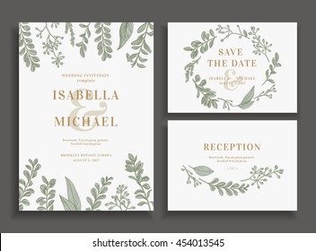 Vintage wedding set with greenery. Wedding invitation, save the date,  reception card. Vector illustration. Boxwood, seeded eucalyptus. Wreath with leaves and twigs.  Engraving style. Design elements.