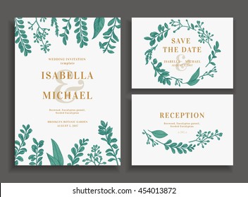 Vintage wedding set with greenery. Wedding invitation, save the date,  reception card. Vector illustration. Boxwood, seeded eucalyptus. Wreath with leaves and twigs.  Engraving style. Design elements.