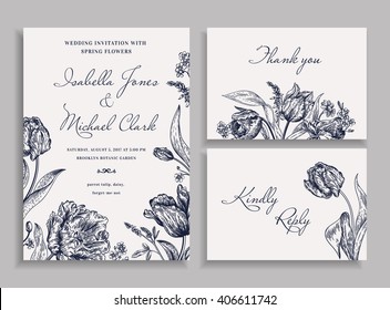 Vintage wedding set with spring flowers in the bohemian style. Wedding invitation, thank you card. RSVP card. Parrot tulips, daisies, forget-me. Botany. Vector illustration. Black and white.