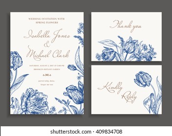 Vintage wedding set with spring flowers in blue. Wedding invitation, thank you card. RSVP card. Parrot tulips, daisies, forget-me. Botany. Vector illustration.