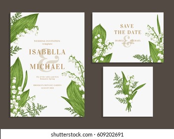 Vintage Wedding Set With Spring Flowers. Lilies Of The Valley And Fern. Wedding Invitation, Save The Date, Reception Card. Vector Illustration. Greenery.