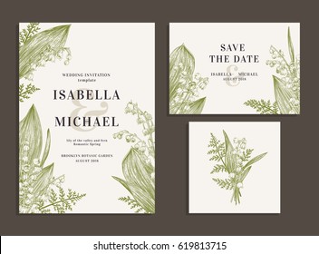 Vintage wedding set with spring flowers. Lilies of the valley and fern. Wedding invitation, save the date, reception card. Vector illustration. 