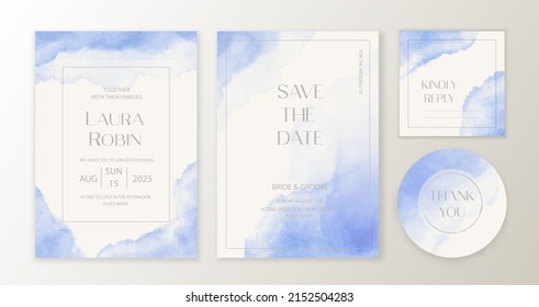 Vintage wedding set template with blue watercolor stain. Wedding invitation, save the date, thank you card