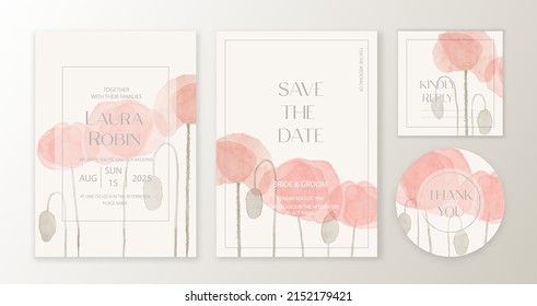 Vintage Wedding Set Template With Red Watercolor Poppy. Wedding Invitation, Save The Date, Thank You Card.