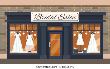 Vintage wedding shop store facade with large window, columns, brick wall. Facade residential building front view. Graphic wedding salon shop exterior facade small business vector illustration