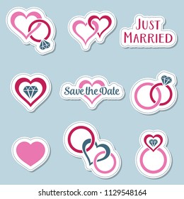 Vintage wedding symbols labels with rings and hearts