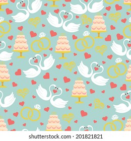 Vintage wedding symbols in seamless pattern set.Hearts,swans,cake,rings  in Flat Design.Used for packaging, fabric, wallpaper, background. Vector