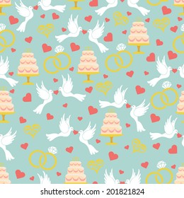 Vintage wedding symbols in seamless pattern set.Hearts, pigeons,cake,rings  in Flat Design.Used for packaging, fabric, wallpaper, background. Vector
