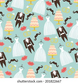 Vintage wedding symbols in seamless pattern set.Wedding tail-coat,bridal dress,lips, mustaches, rings,cake  in Flat Design.Used for packaging, fabric, wallpaper, background. Vector