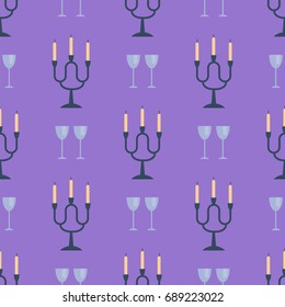 Vintage wedding three armed candle holder seamless pattern candelabra with burning white wax candlesticks vector illustration.