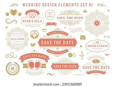 Vintage wedding and valentines day decorative ornament design elements set vector illustration. Save the date labels and badges, calligraphic swirls invitations, flourishes ornate vignettes frames.