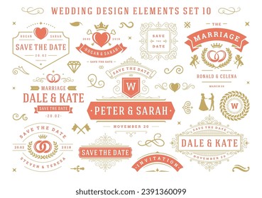Vintage wedding and valentines day decorative ornament design elements set vector illustration. Save the date labels and badges, calligraphic swirls invitations, flourishes ornate vignettes frames.