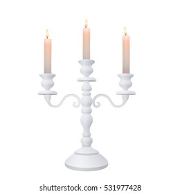 vintage wedding white three armed Provence tabletop candle holder candelabra with burning white wax candlesticks isolated on white background. vector illustration