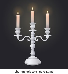 Vintage Wedding White Three Armed Provence Tabletop Candle Holder Candelabra With Burning White Wax Candlesticks On Dark Background. Vector Illustration