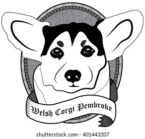 Vintage Welsh corgi pembroke Portrait. Emblem of a Dog in Black and White