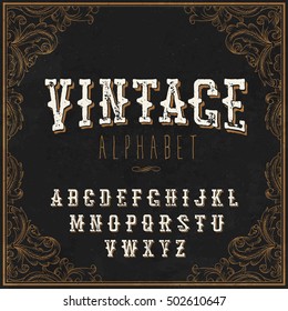 Vintage Western alphabet. With Art frame border. On the blackboard background. For labels and any type retro designs