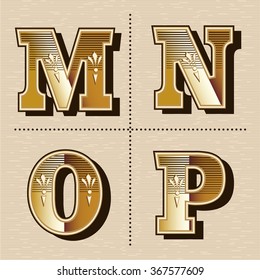 Vintage western alphabet letters font design vector illustration (m, n, o, p)