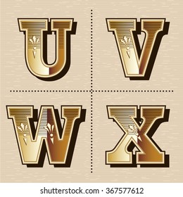 Vintage western alphabet letters font design vector illustration (u, v, w, x)