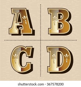 Vintage western alphabet letters font design vector illustration (a, b, c, d)