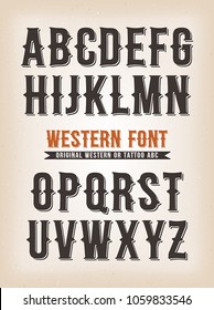 Vintage Western And Circus ABC Font/
Illustration Of A Set Of Retro Western Design Abc Typefont, Also For Tattoo On Vintage And Grunge Background