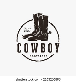 Vintage western cowboy boots, cowboy shoes logo label design on white background