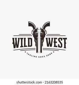 Vintage Western Cowboy Firearm, Old Gun, Revolver Logo Label Design On White Background