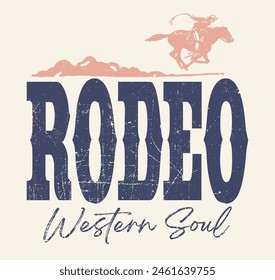 Ilustración de vaquero occidental de Antiguas con estampado de eslogan wild west rodeo y textura grunge para camiseta gráfica o etiqueta engomada de póster - Vector