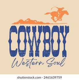 Ilustración de vaquero occidental de Antiguas con estampado de eslogan wild west rodeo y textura grunge para camiseta gráfica o etiqueta engomada de póster - Vector