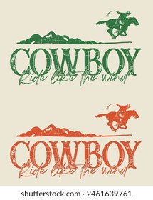 Ilustración de vaquero occidental de Antiguas con estampado de eslogan wild west rodeo y textura grunge para camiseta gráfica o etiqueta engomada de póster - Vector