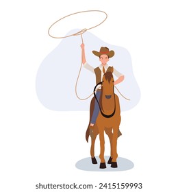 vintage western cowboy with Lasso Riding Horse. Flat vector cartoon character illustration.