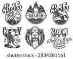 Vintage Western emblems evoke rugged frontier spirit. Cowboy hats, boots, and horses suggest bold adventure. Stylized logos feature rugged faces and bold typography